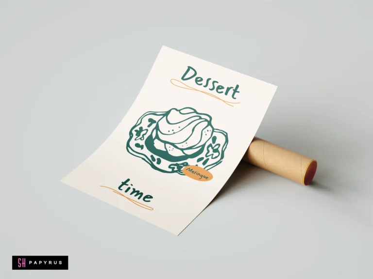 Minimalist kitchen art print with green meringue illustration and 'Dessert time' hand-drawn text.