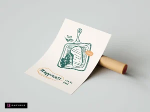 Teal steak sketch on a grill pan with 'Happiness can be fried' kitchen typography.