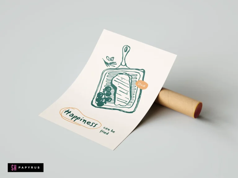 Teal steak sketch on a grill pan with 'Happiness can be fried' kitchen typography.