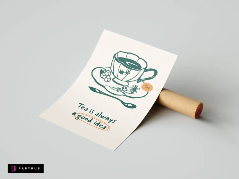 Minimalist kitchen art print featuring a teal teacup illustration and cozy tea quote.
