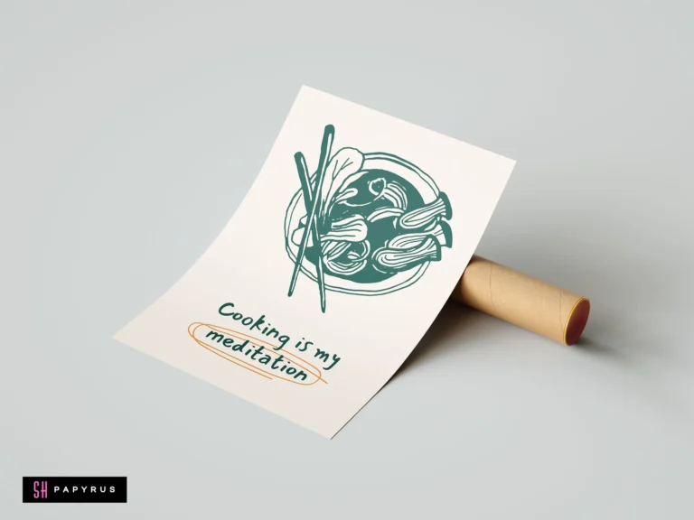 Teal linocut noodle bowl art print with 'Cooking is my meditation' quote on cream background.