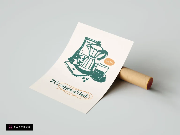Dark green linocut moka pot illustration on cream paper with 'It’s coffee o’clock' text.