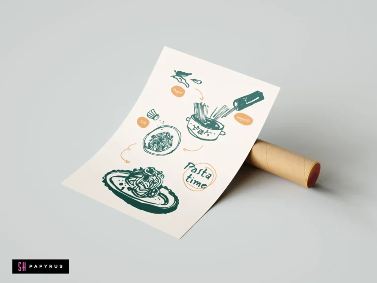 Minimalist teal and orange hand-drawn sketch art showing steps for making spaghetti.