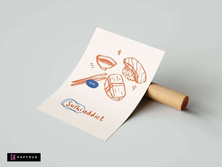 Minimalist hand-drawn sushi art print with orange-red line illustrations and blue accents.