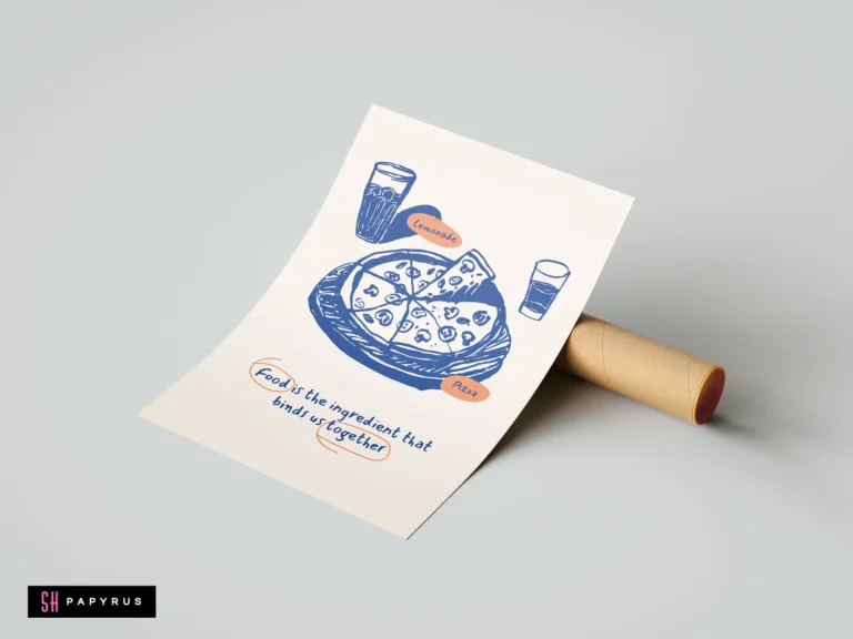 Blue hand-drawn pizza and lemonade sketch with heartwarming food quote and orange accents.