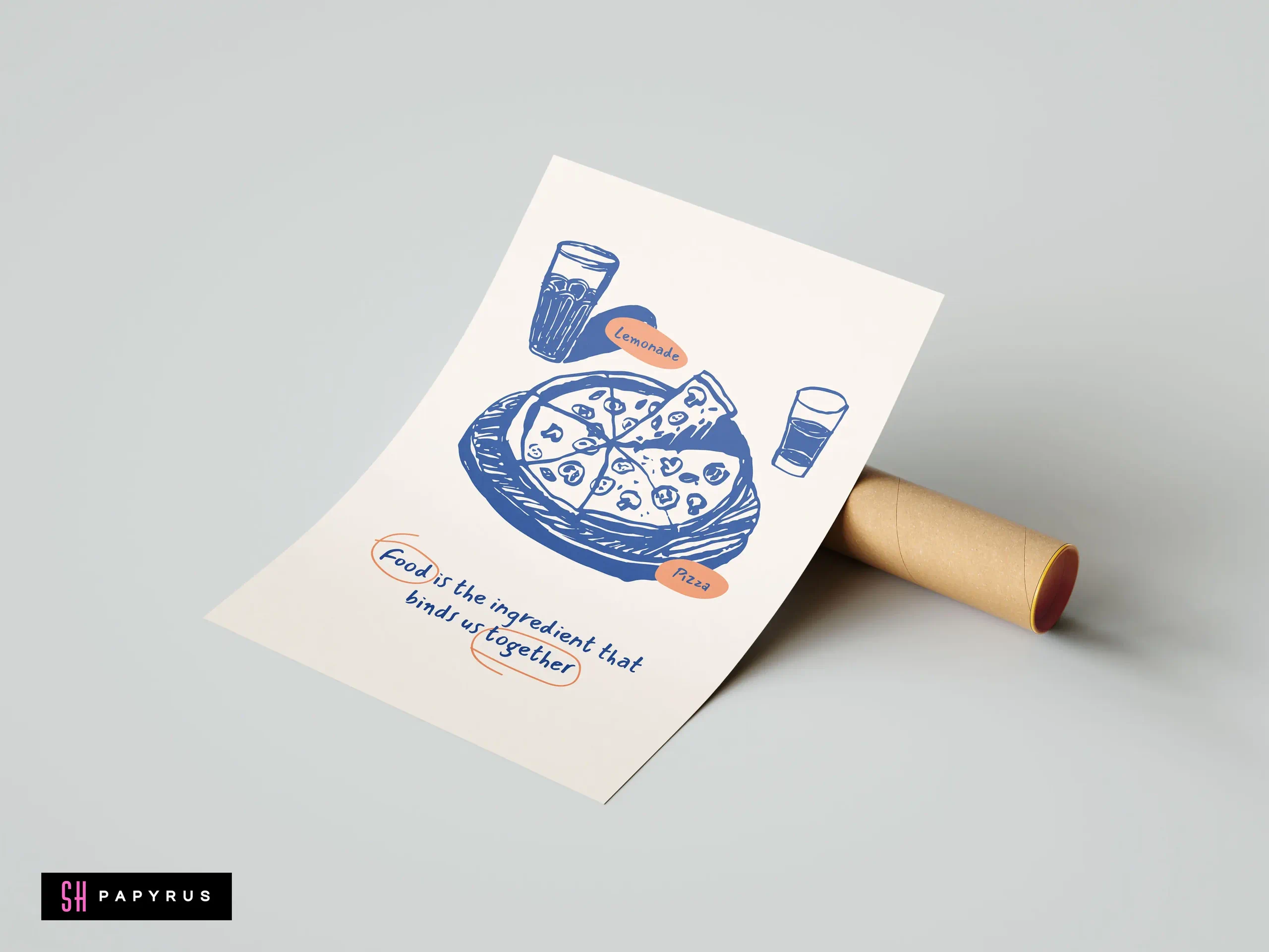 Blue hand-drawn pizza and lemonade sketch with heartwarming food quote and orange accents.