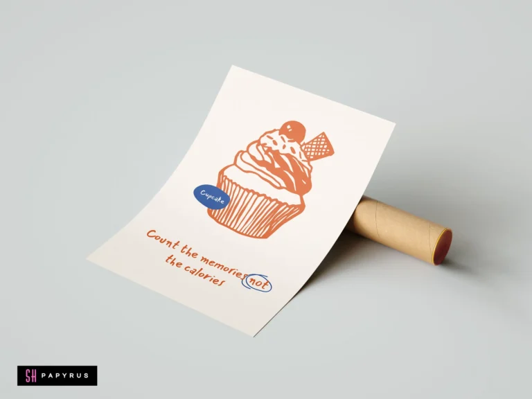 Hand-drawn terracotta cupcake illustration and witty quote on cream kitchen art print.