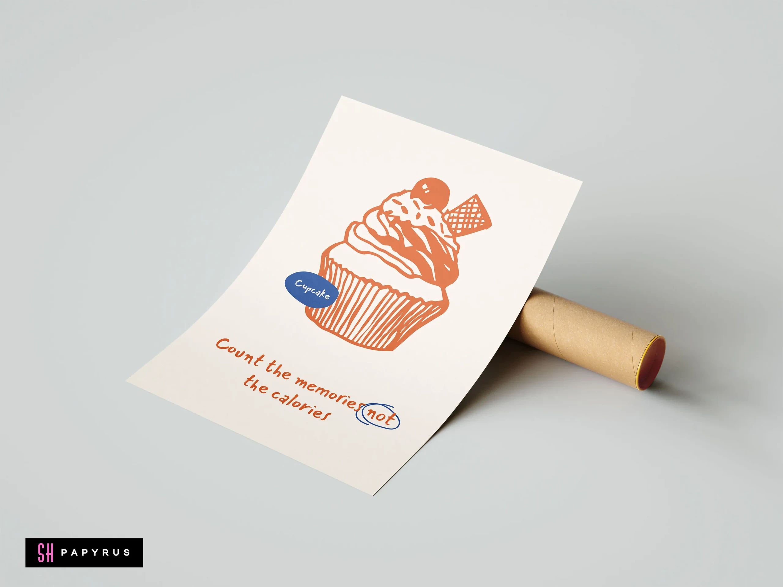 Hand-drawn terracotta cupcake illustration and witty quote on cream kitchen art print.