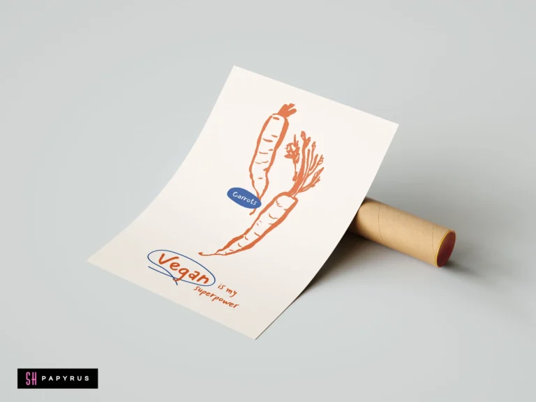 Minimalist orange carrot illustration art print with 'Vegan is my superpower' text.