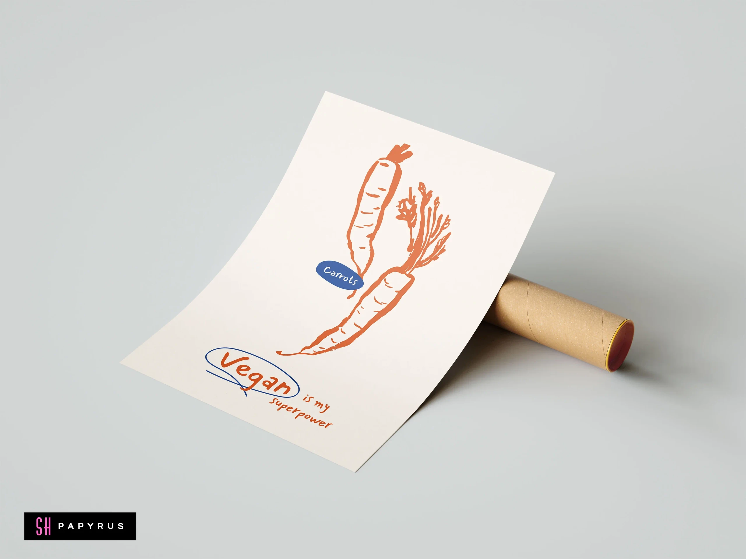 Minimalist orange carrot illustration art print with 'Vegan is my superpower' text.