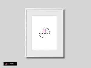 Minimalist pink and black logo displayed in a sleek white oak wood picture frame.