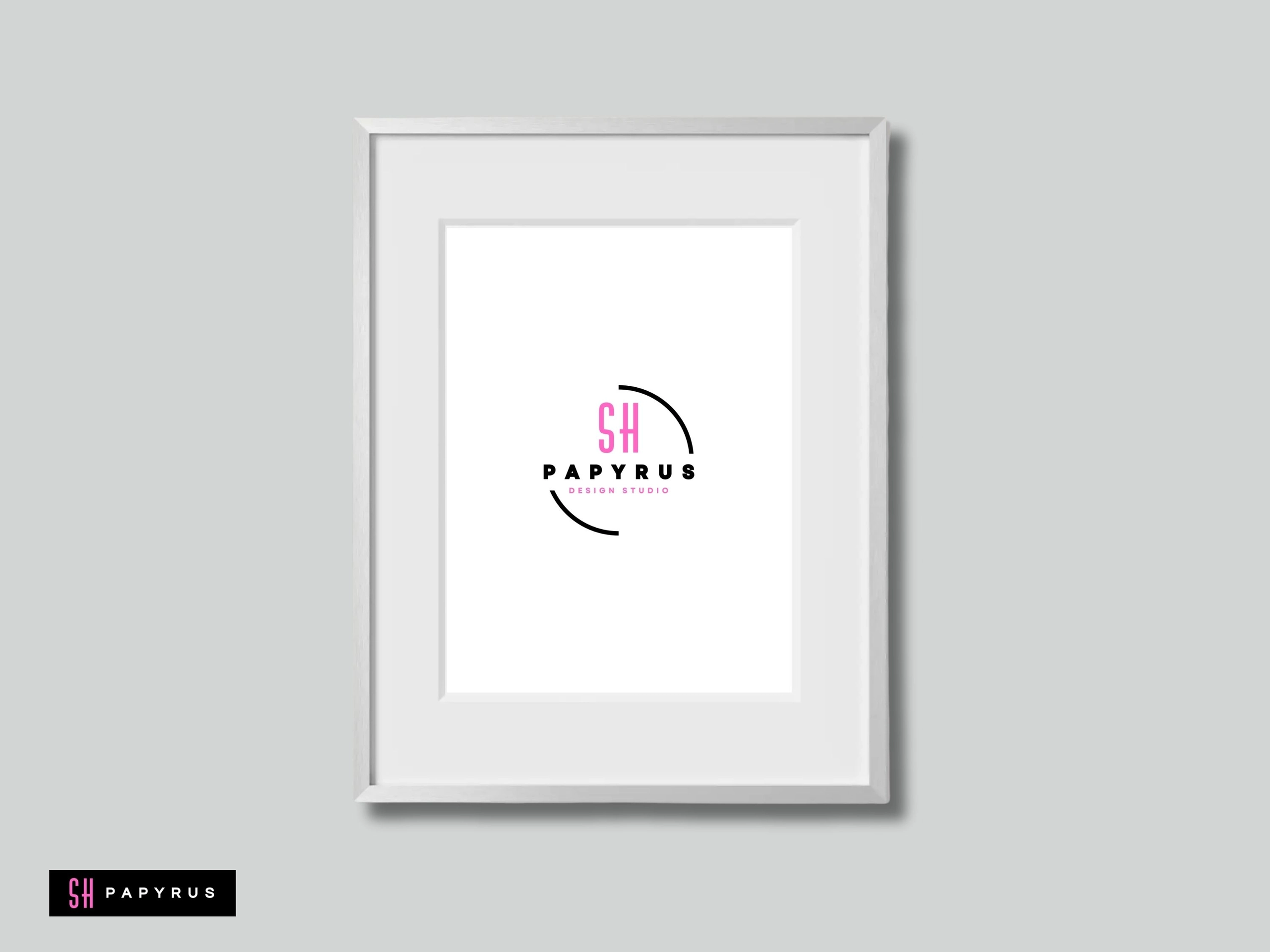 Modern white framed wall art featuring a pink and black minimalist logo design mockup.