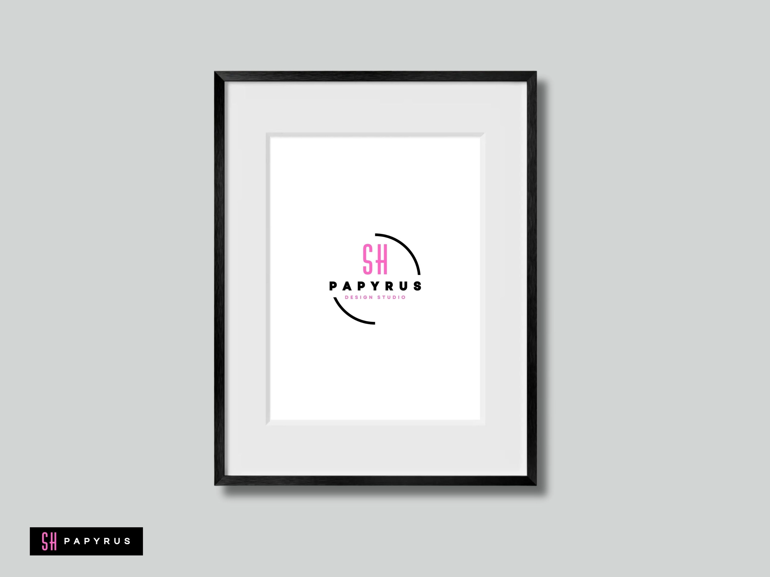 Minimalist black frame wall art featuring a pink and black SH Papyrus logo design.