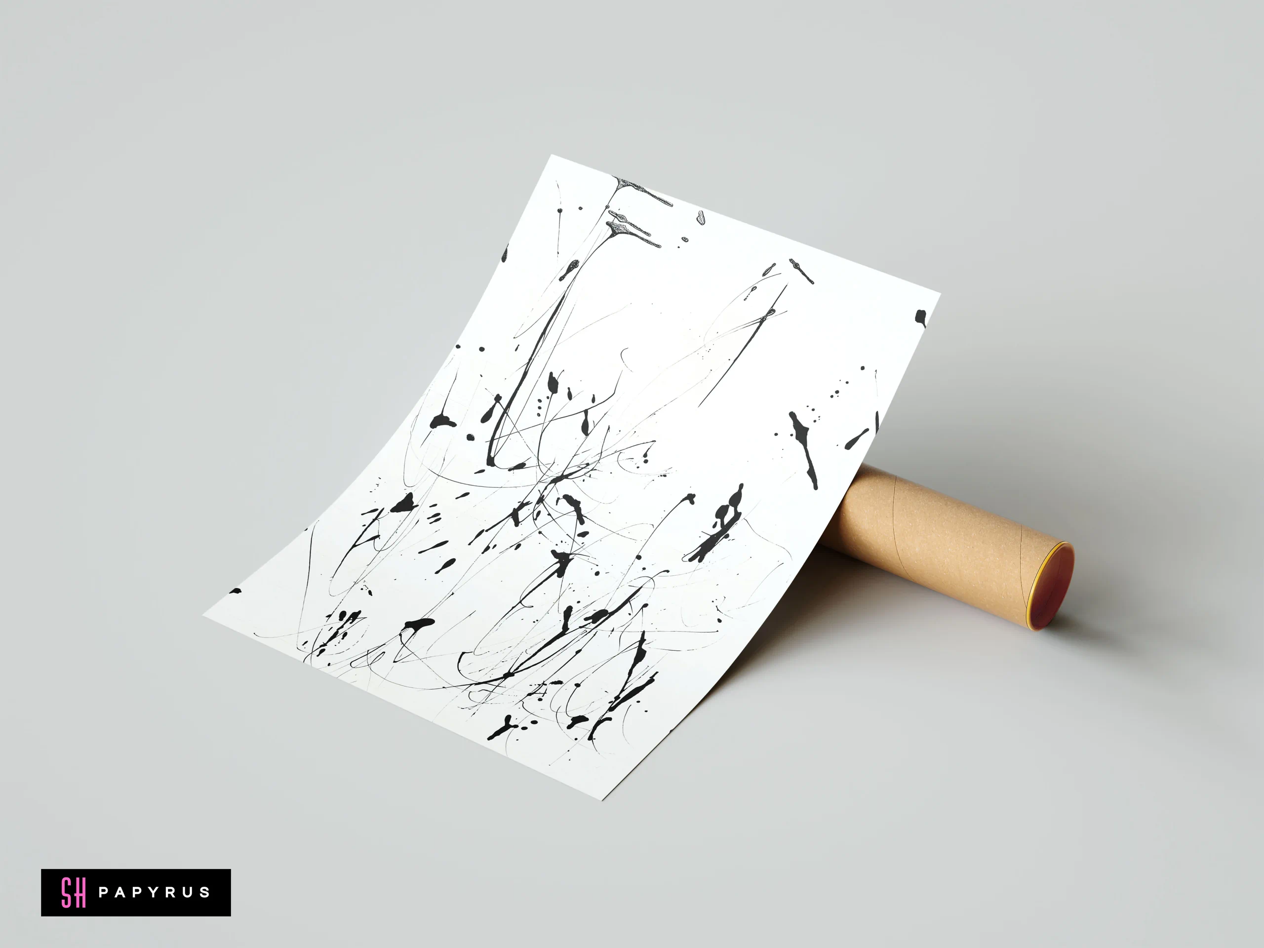 Minimalist black and white abstract wall art featuring expressive ink splatters and drips.