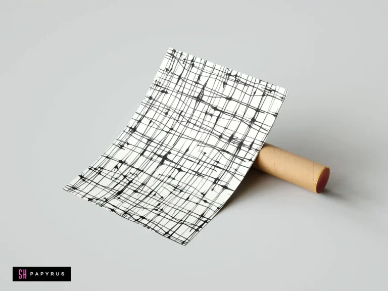 Minimalist monochrome poster with a hand-drawn black woven grid geometric design.