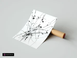 Minimalist abstract art print with dynamic black ink splashes and splatters on white background.