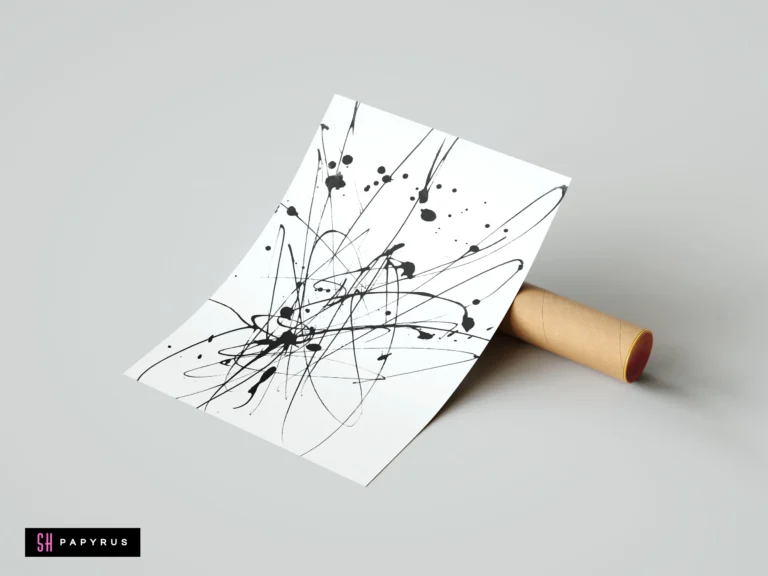 Minimalist abstract art print with dynamic black ink splashes and splatters on white background.
