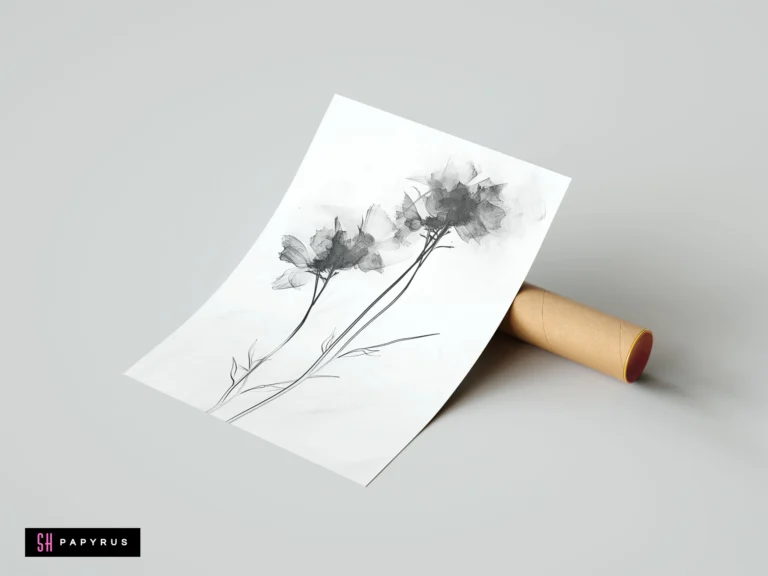 Minimalist monochrome art print featuring two ethereal, translucent ghost flowers on a white background.