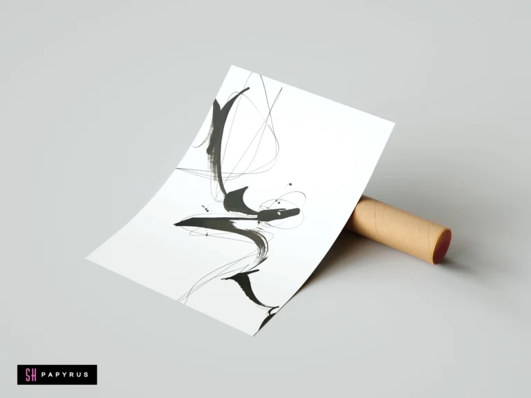 Minimalist Zen black calligraphy art with fluid abstract brush strokes on white paper.