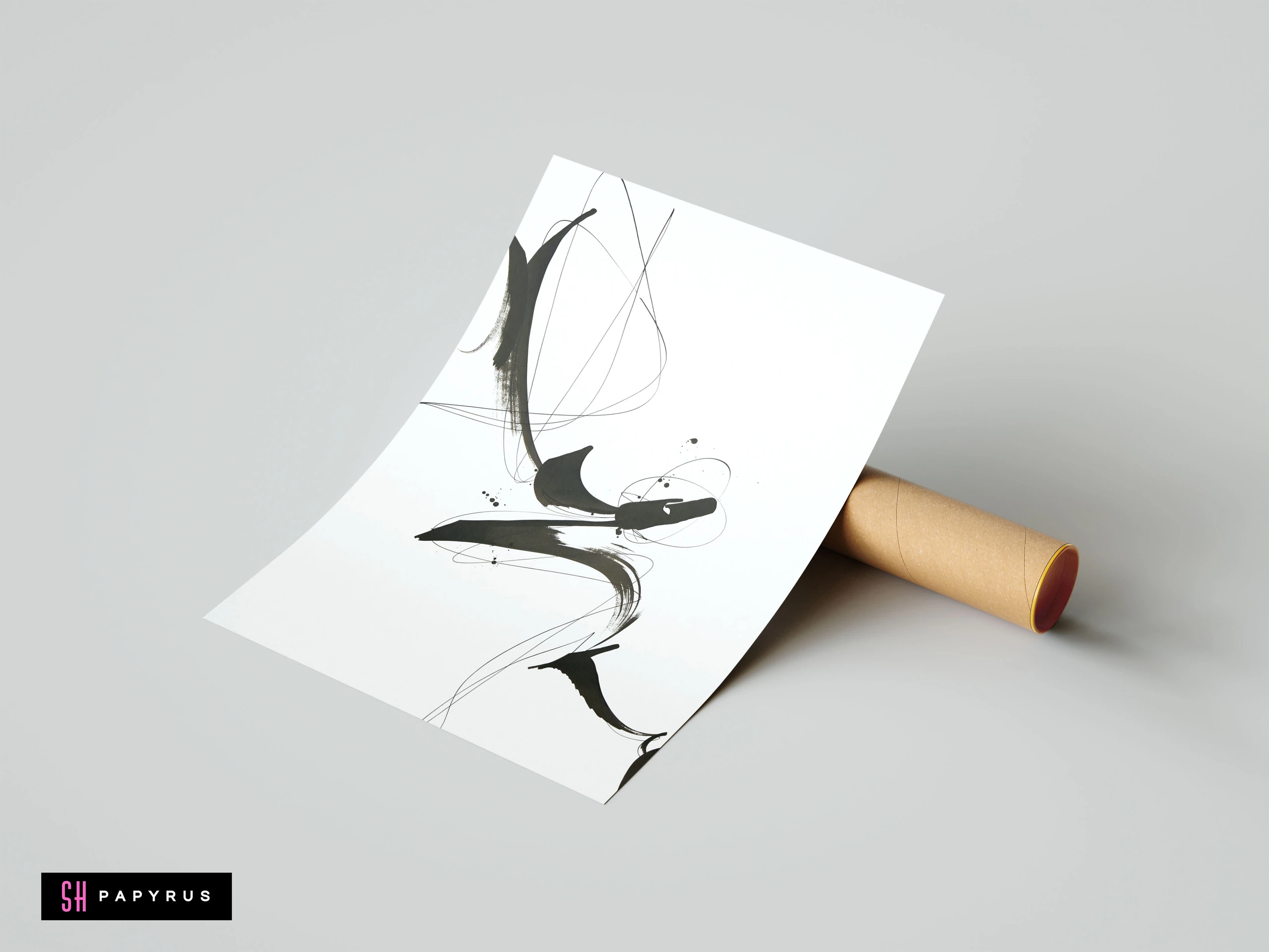 Minimalist Zen black calligraphy art with fluid abstract brush strokes on white paper.