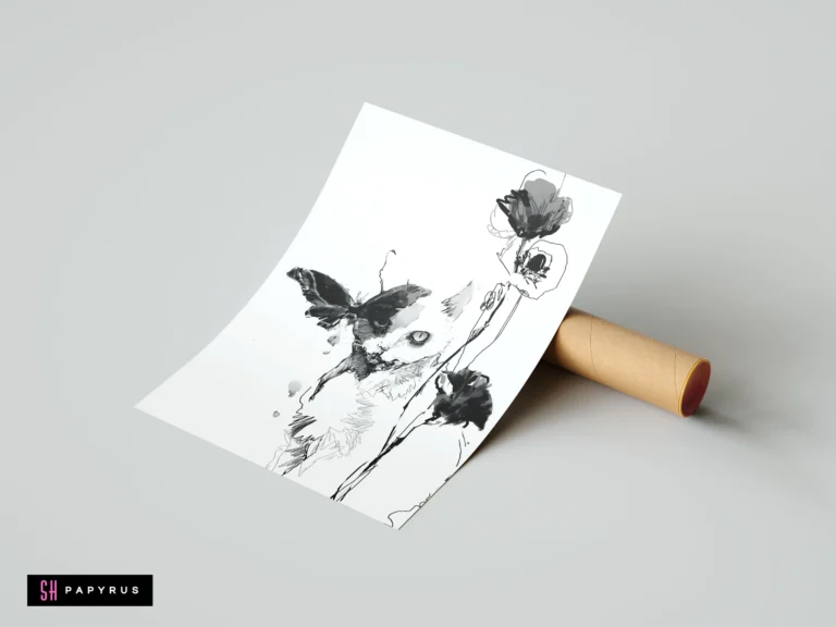 Minimalist black and white line art depicting a feline gaze, butterfly, and botanical details.