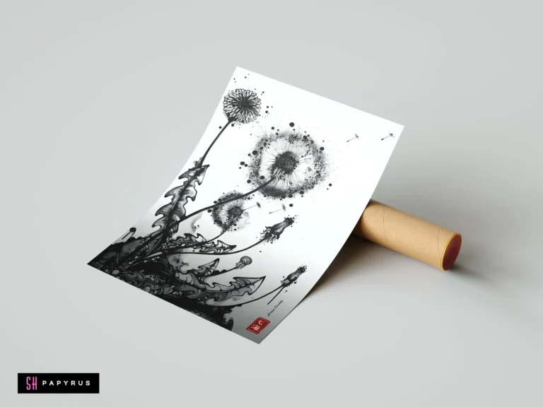 Minimalist black ink illustration of dandelions and blowing seeds on a white art poster.