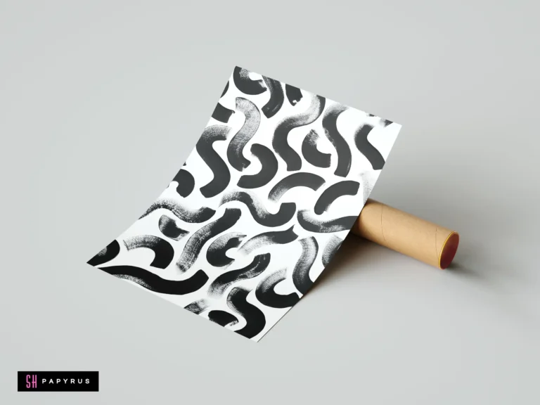 Minimalist abstract print featuring thick, textured black curved brushstrokes on a white background.