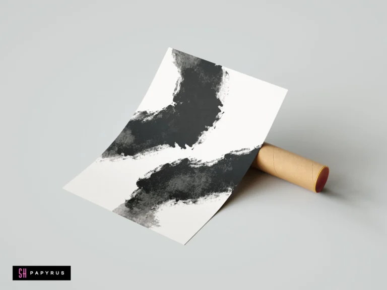 Minimalist abstract wall art with expressive black ink brushstrokes on a white paper background.
