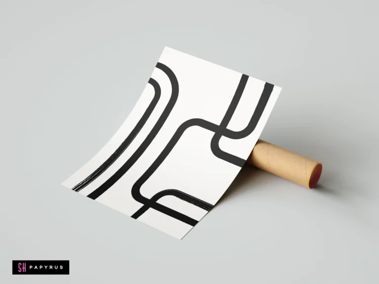 Retro mid-century modern wall art with minimalist flowing black lines on a white background.