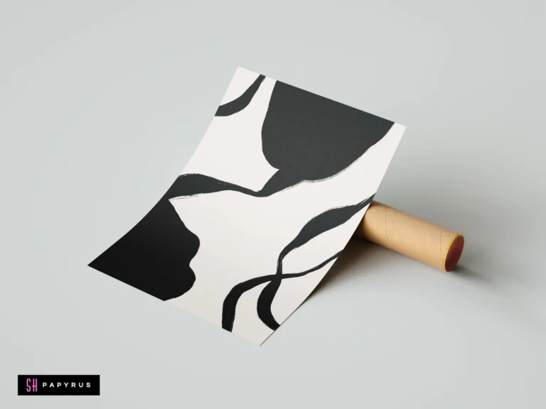Minimalist abstract poster with organic black ink flow shapes on a white background.