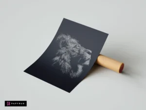 Minimalist abstract white scribble roaring lion illustration on a black poster.