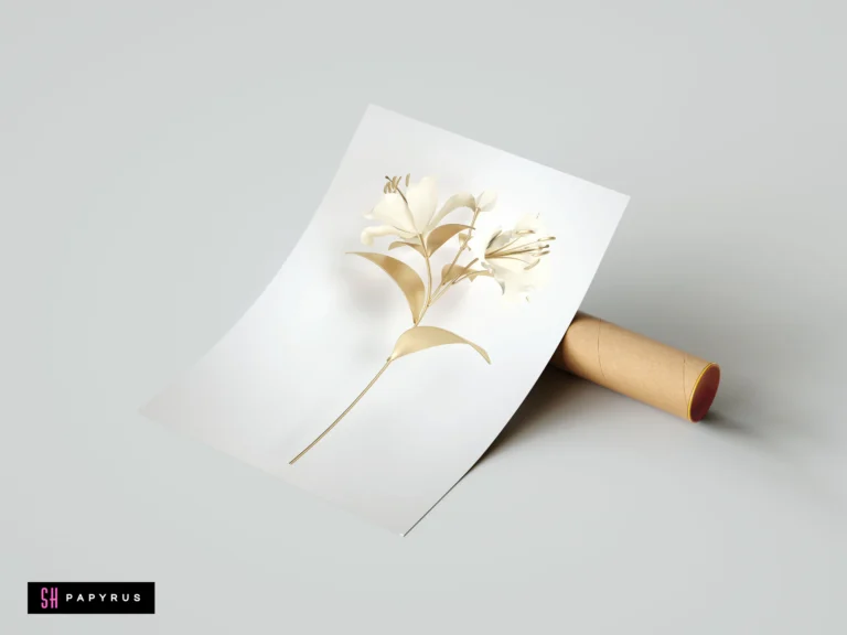 Minimalist white and gold lily flower 3D effect art print on white paper.