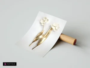 Minimalist 3D white flowers with elegant gold stems and leaves against white paper.