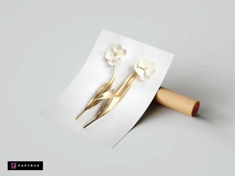 Minimalist 3D white flowers with elegant gold stems and leaves against white paper.