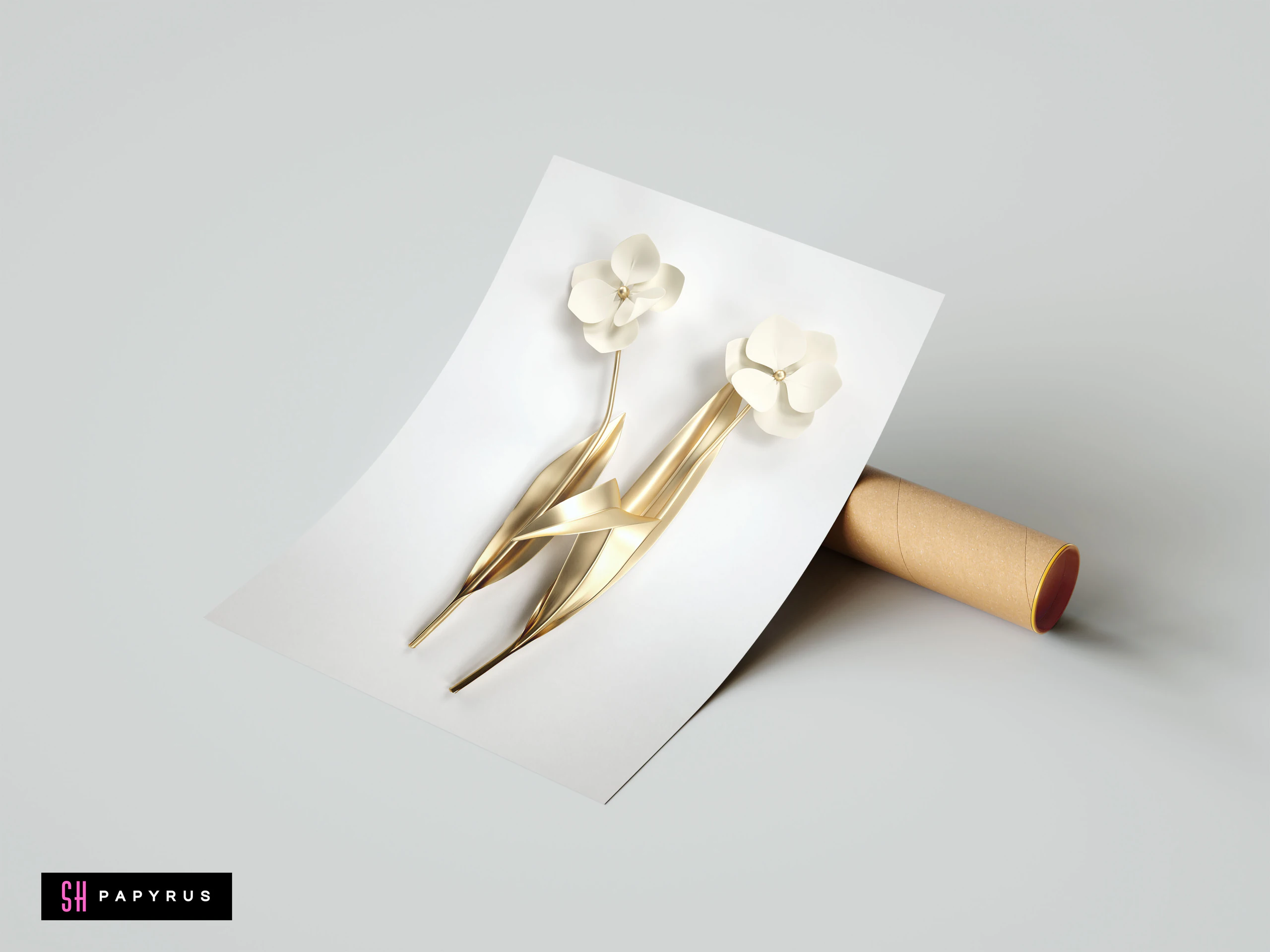 Minimalist 3D white flowers with elegant gold stems and leaves against white paper.