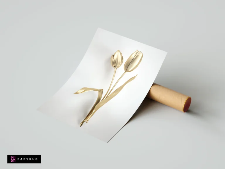 Minimalist 3D metallic gold tulips on a white paper wall art print.