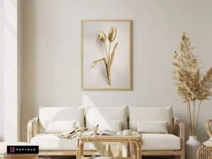 Minimalist 3D illusion wall art featuring golden tulips on a white background.