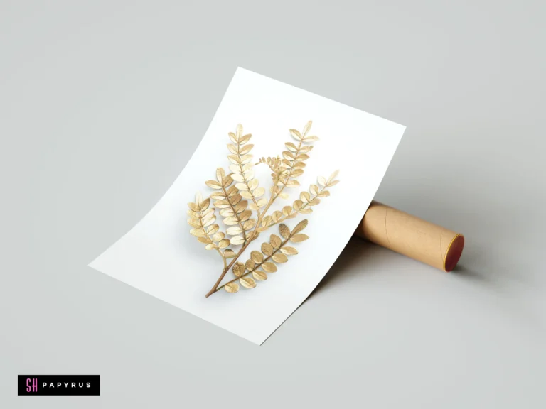 Minimalist botanical art print featuring a detailed gold leaf branch on a white background.