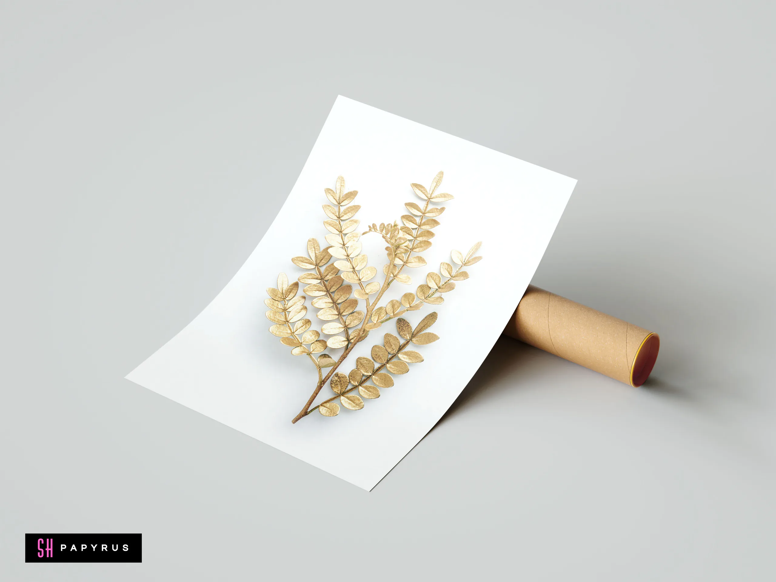 Minimalist botanical art print featuring a detailed gold leaf branch on a white background.