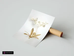 Luxury minimalist poster with 3D white orchids and golden foliage on white paper.