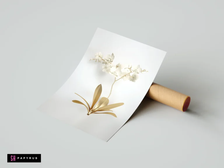 Luxury minimalist poster with 3D white orchids and golden foliage on white paper.