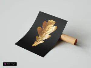 Minimalist metallic gold oak leaf illustration on a black background botanical art print.