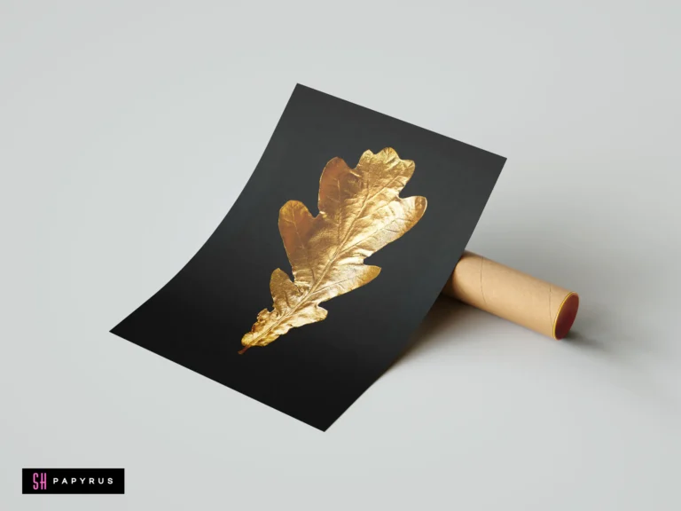 Minimalist metallic gold oak leaf illustration on a black background botanical art print.