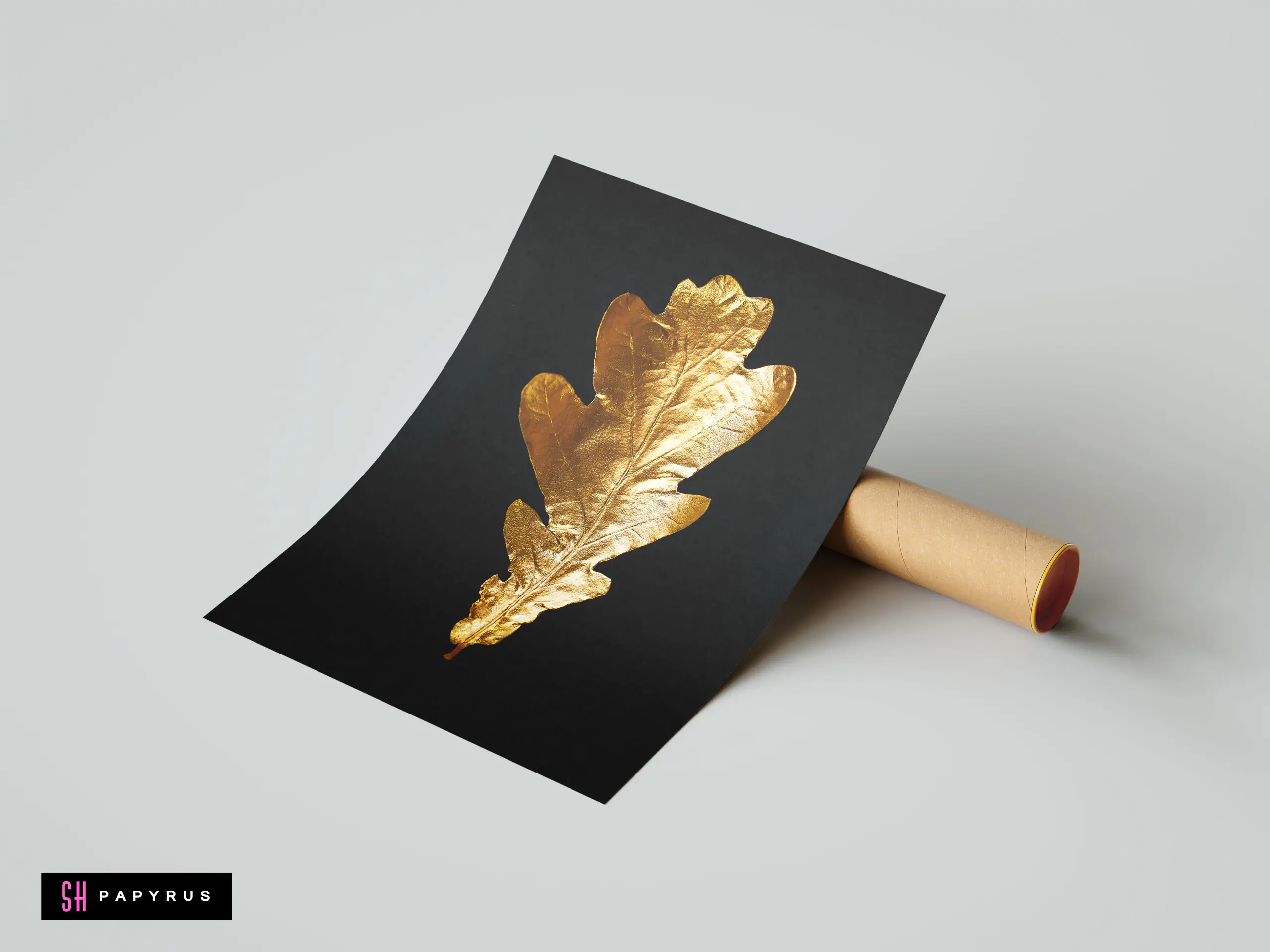 Minimalist metallic gold oak leaf illustration on a black background botanical art print.