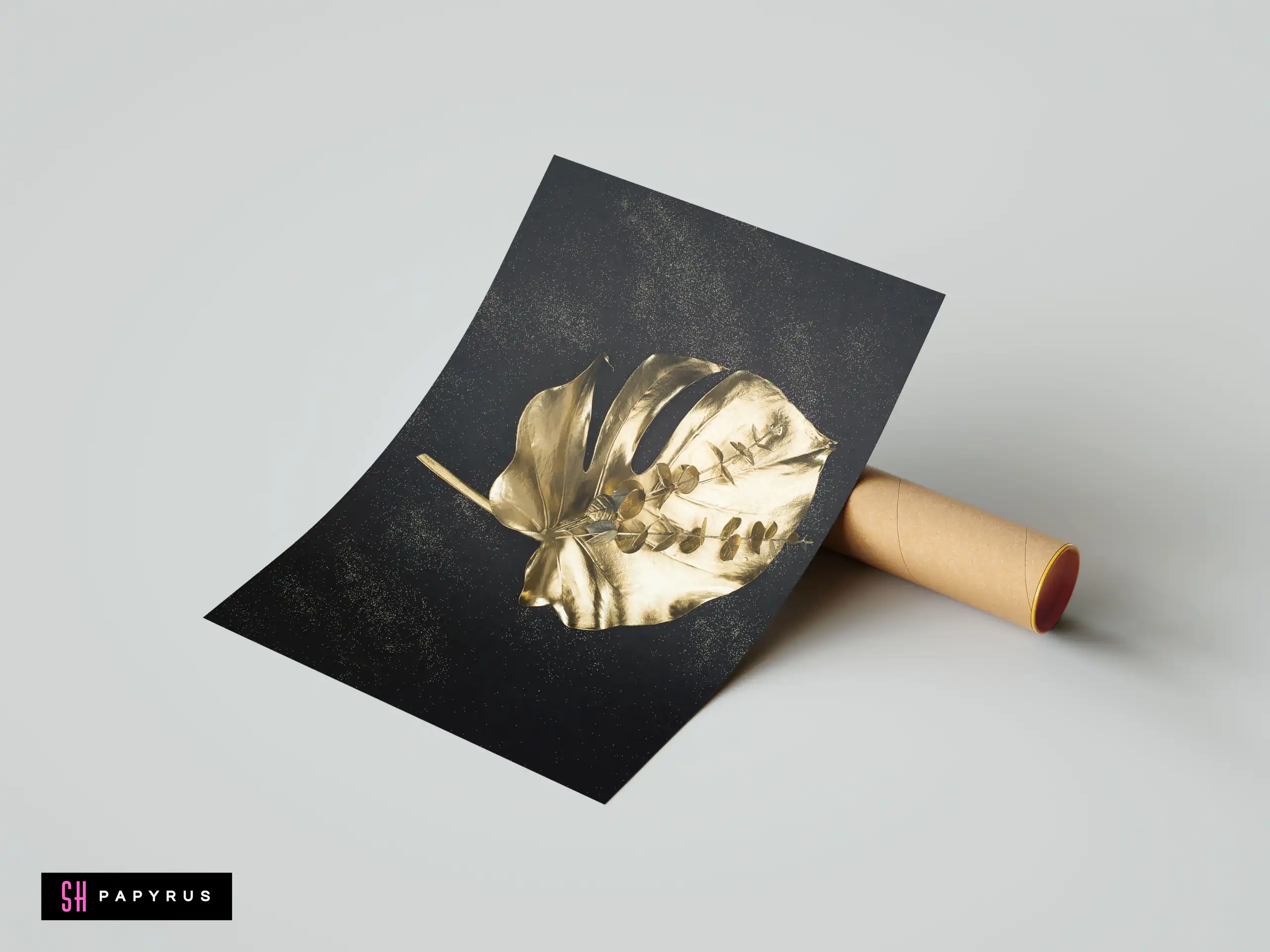 Golden tropical monstera and eucalyptus leaves on a minimalist black background with gold speckles.