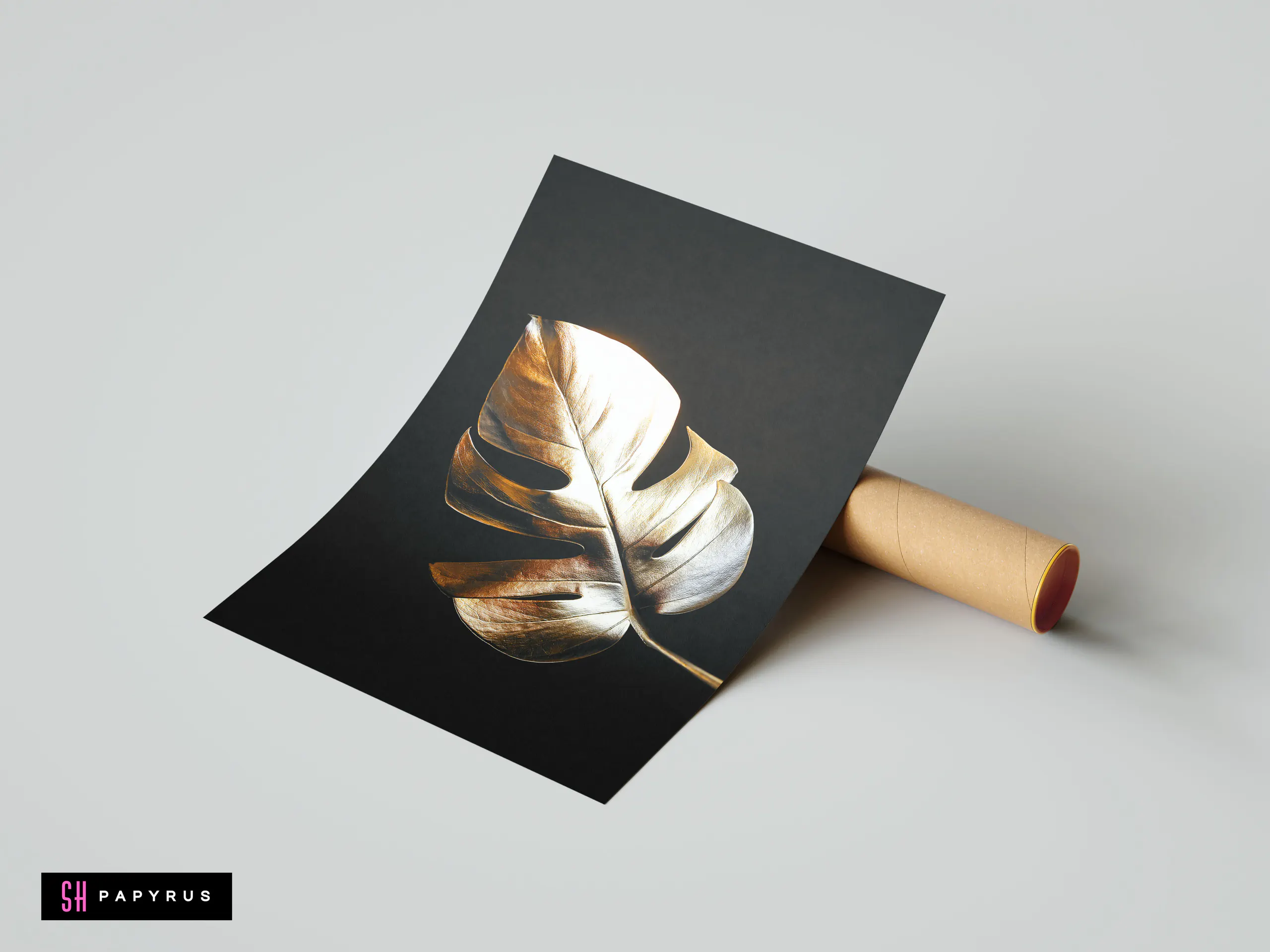 Shimmering gold Monstera leaf botanical art print on a minimalist dark black background.