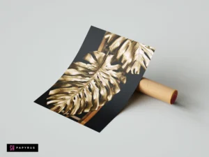 Minimalist wall art print featuring golden monstera leaves against a dark black background.