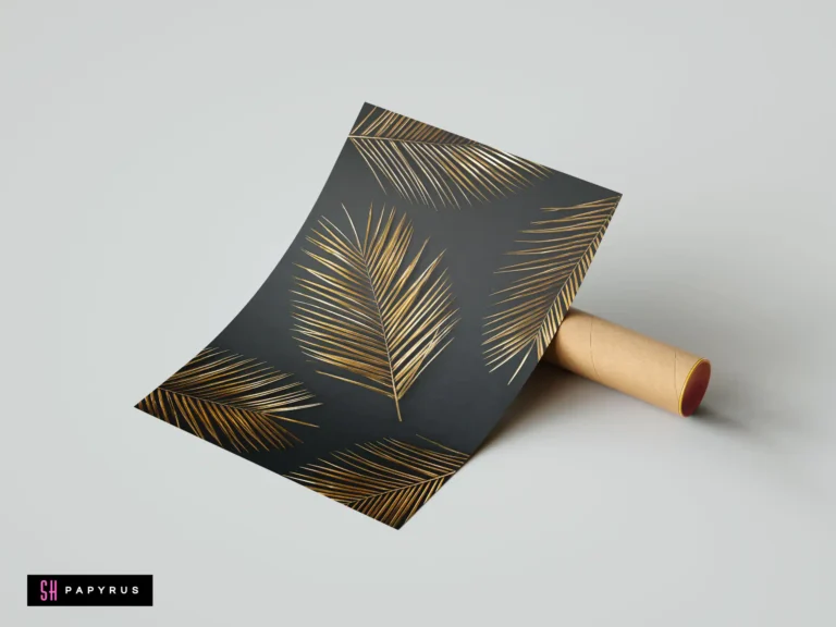Minimalist art print with metallic golden palm leaves on a dark black background.
