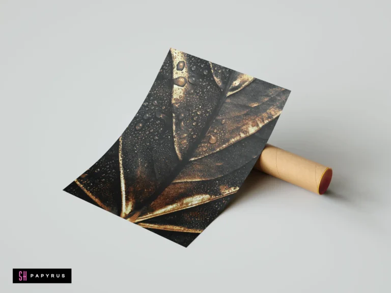 Moody macro art of a dark leaf with bronze highlights and glistening raindrops.