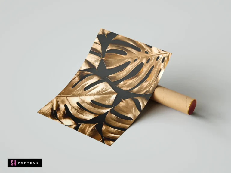 Metallic golden Monstera leaves pattern on a black background, minimalist botanical art print.